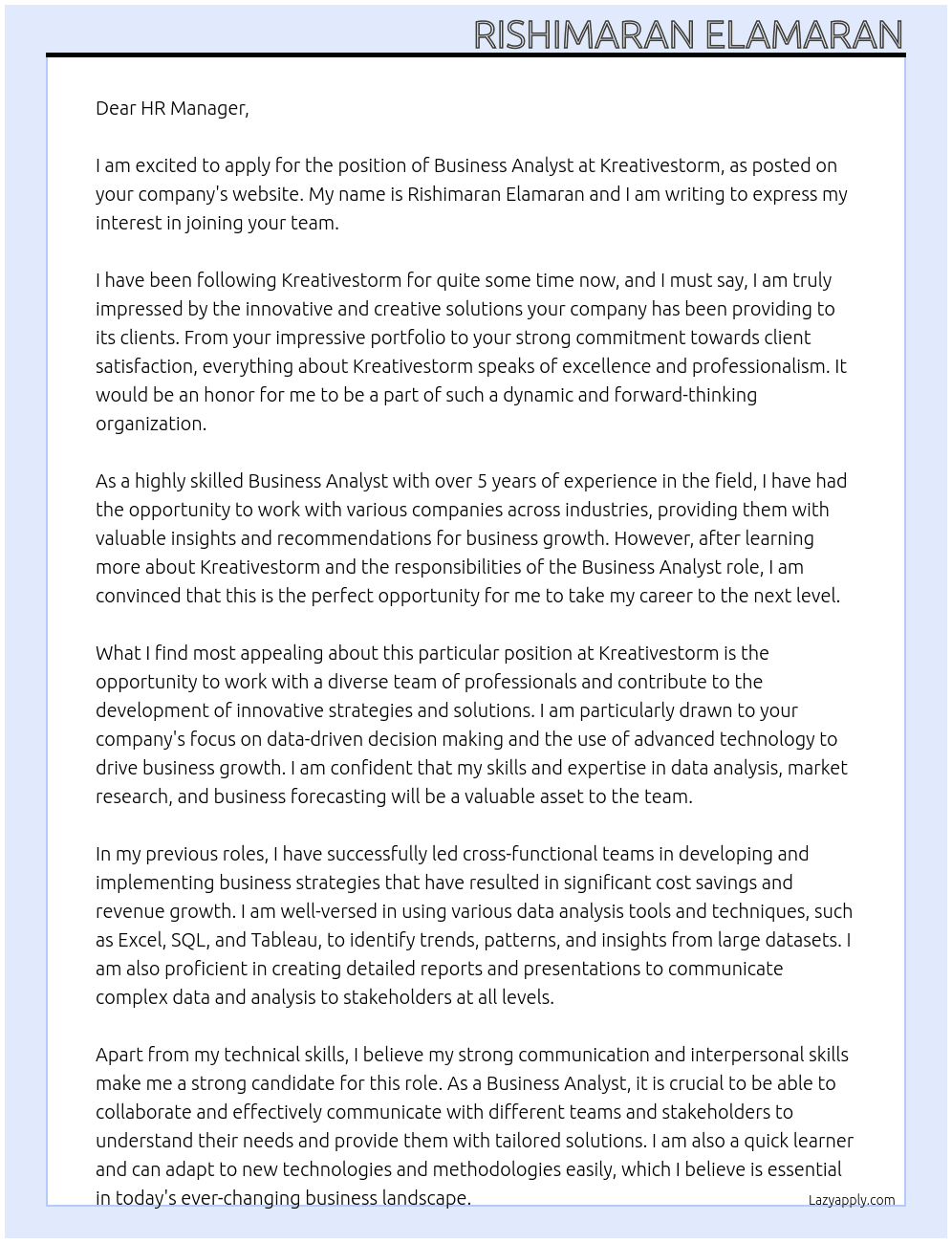 Business Analyst At kreativestorm Cover Letter