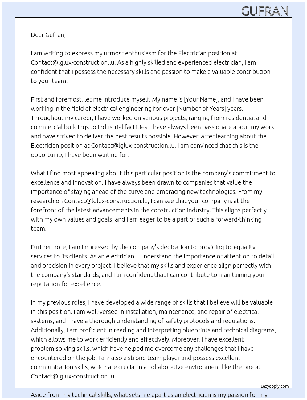 Electrician  At Contact@lglux-construction.lu Cover Letter