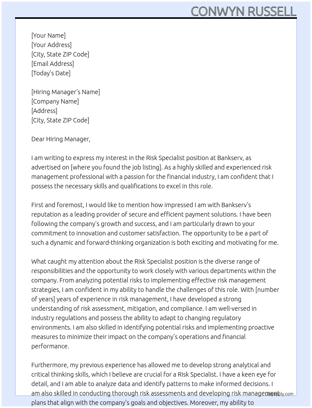 Risk Specialist At Bankserv Cover Letter