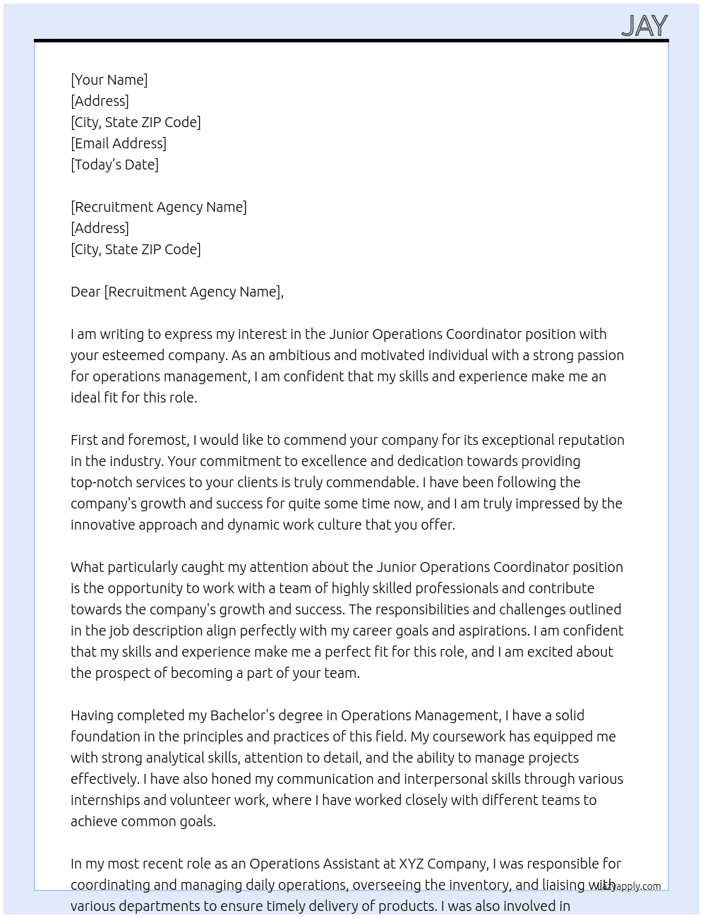 Junior Operations Coordinator At unknown Cover Letter