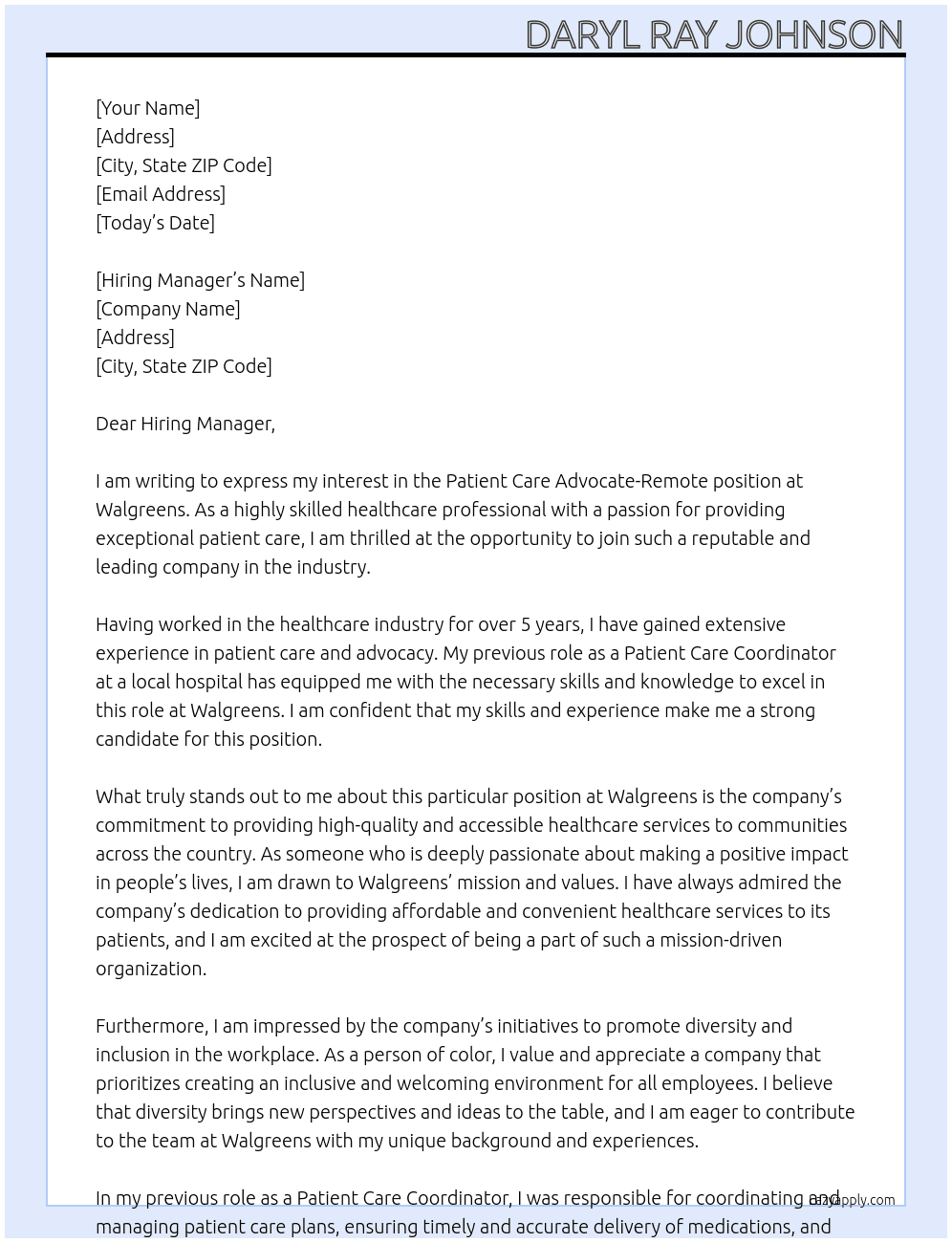  Patient Care Advocate-Remote At Walgreens Cover Letter