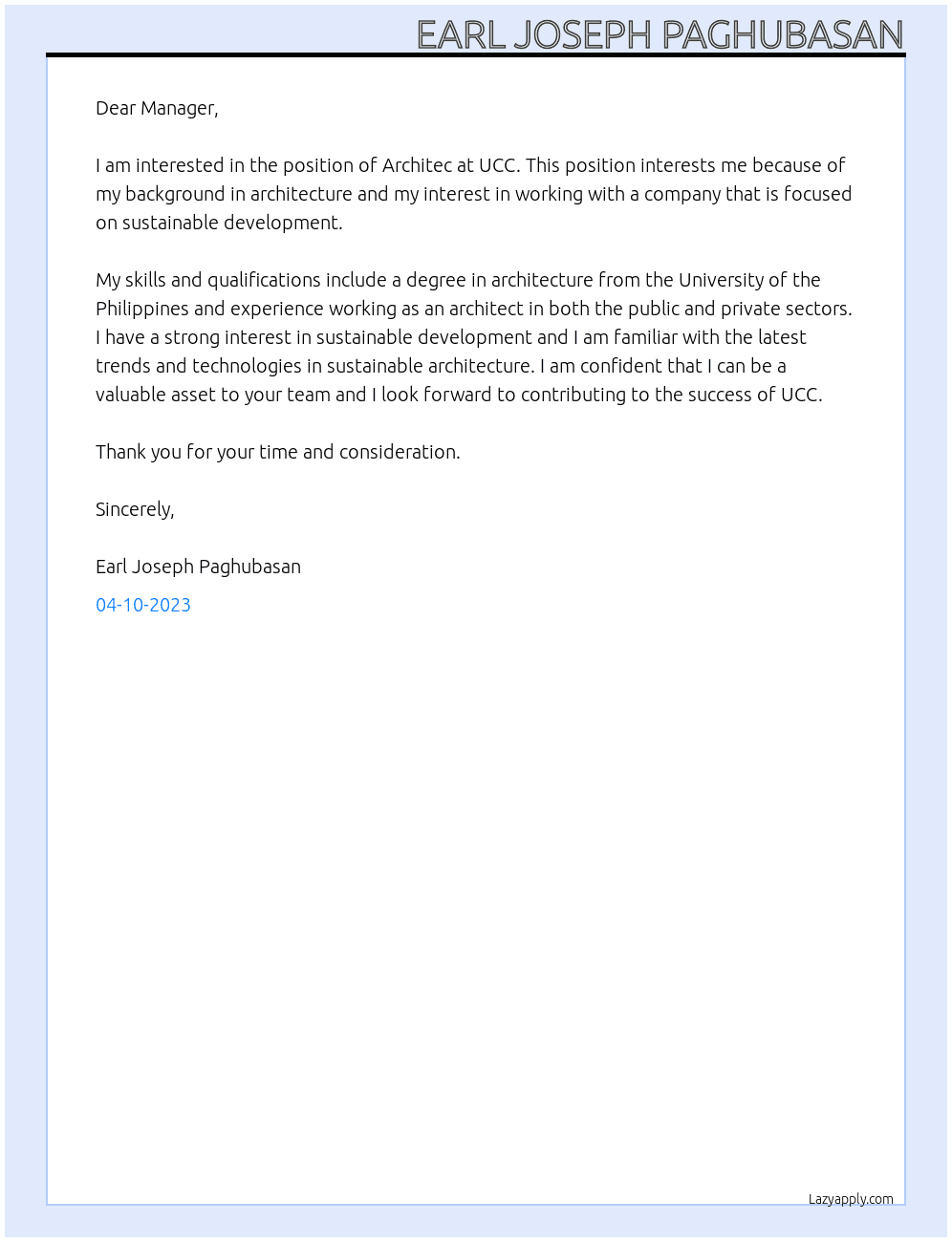 Architec At UCC Cover Letter