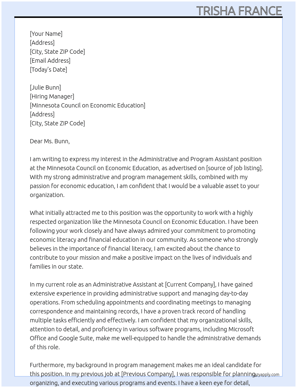 Administrative and Program Assistant At Minnesota Council on Economic Education Cover Letter