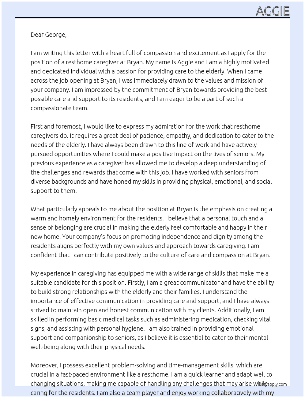resthome caregiver At bryan Cover Letter