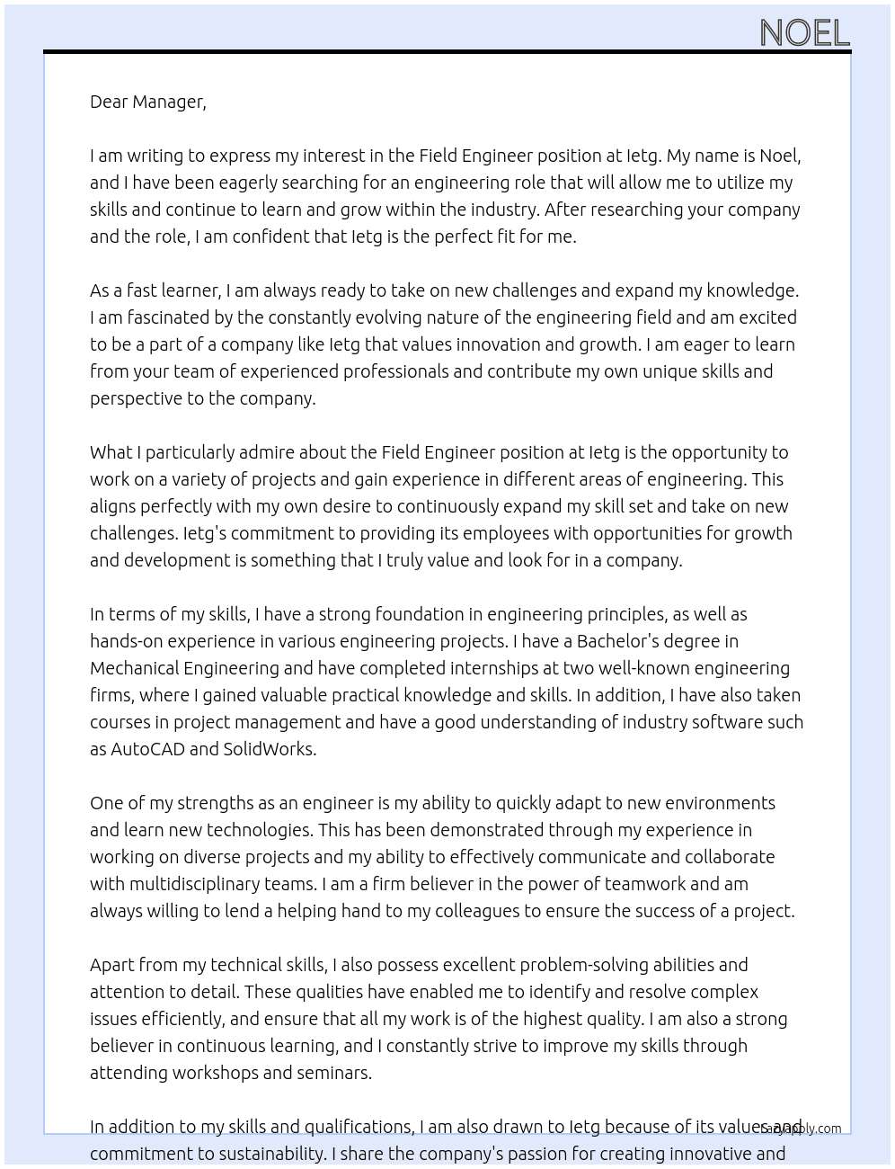 field engineer At Ietg Cover Letter