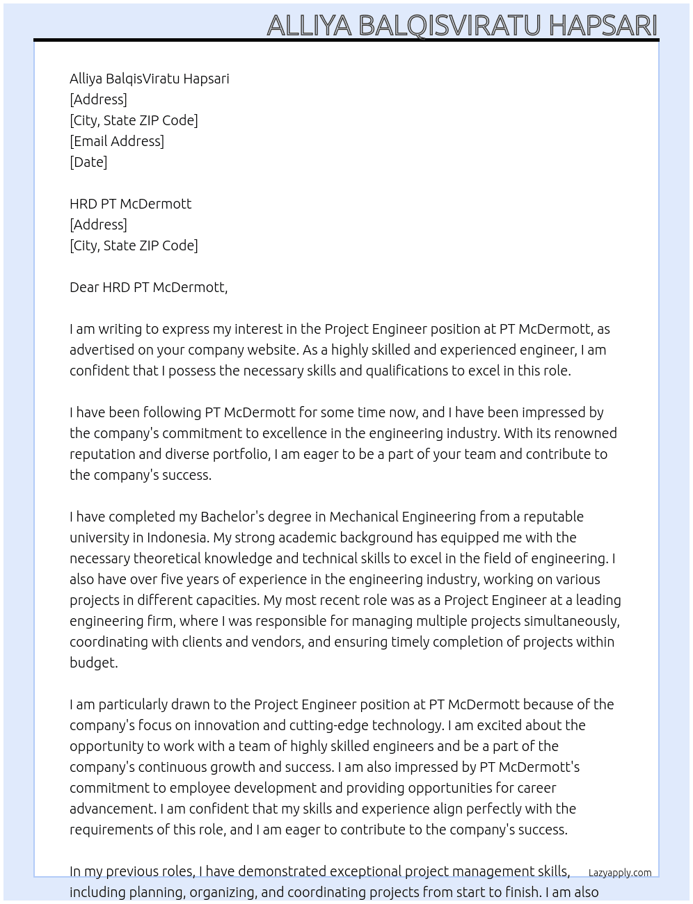 Project Engineer At PT McDermott Cover Letter