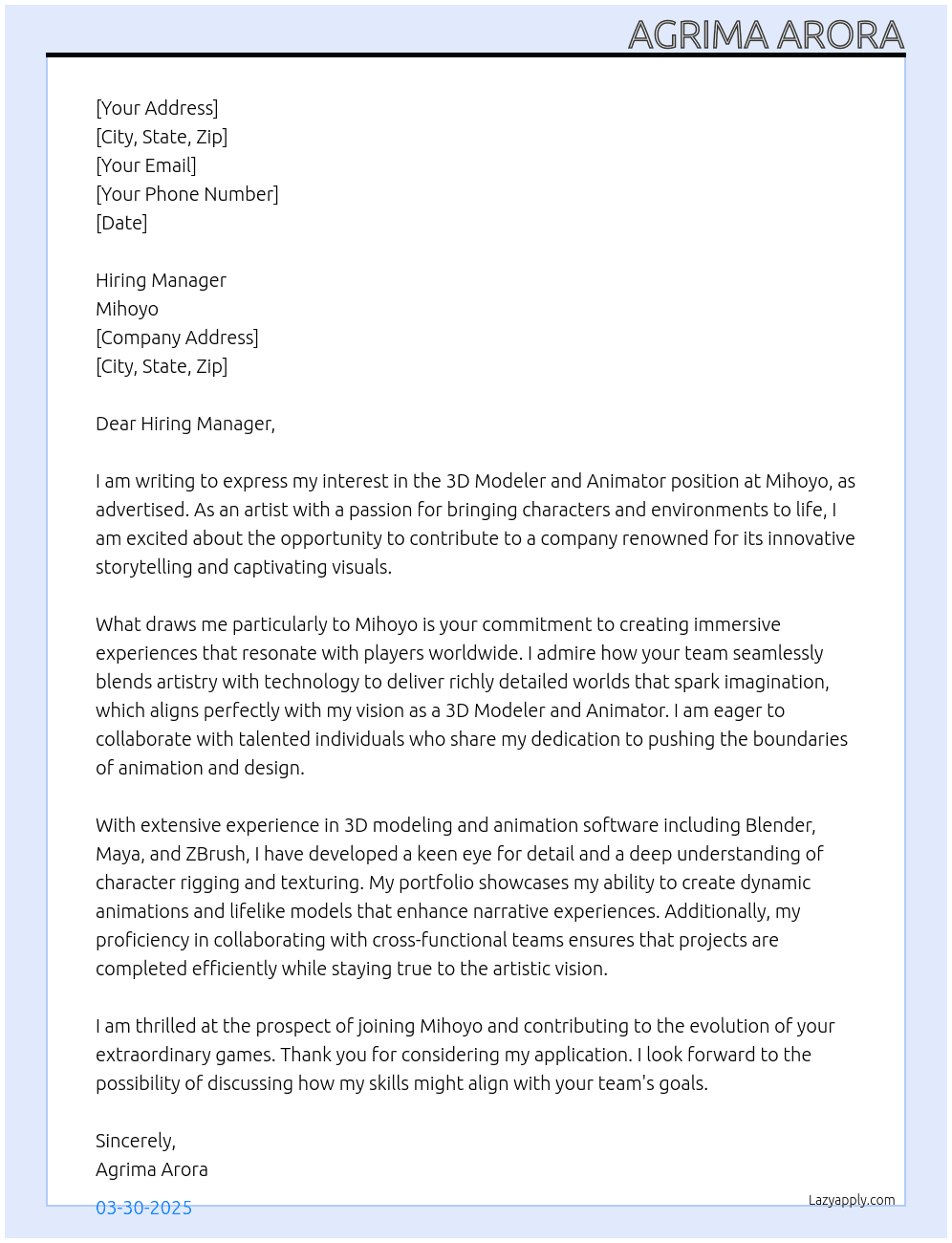 3D Modeler and Animator  At Mihoyo Cover Letter