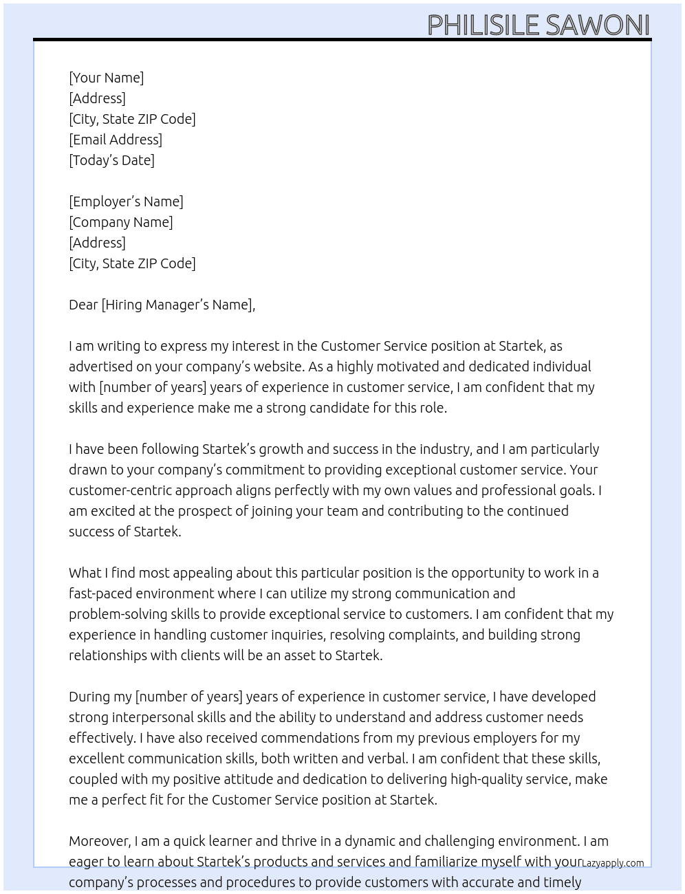 Customer service  At Startek Cover Letter