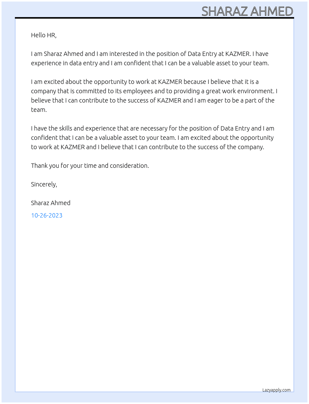 Data Entry At KAZMER Cover Letter