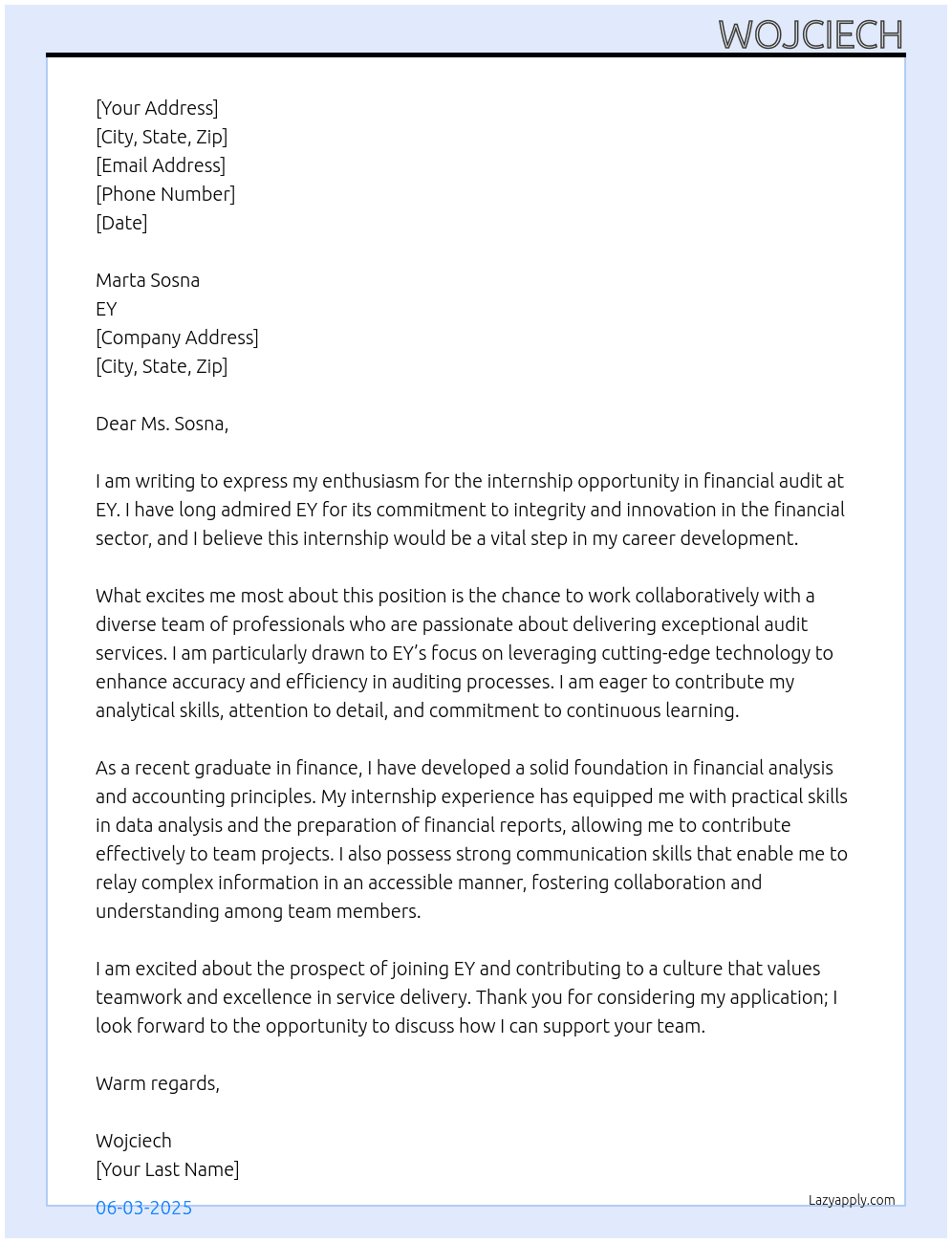 Cover letter for internship in financial audit - LazyApply