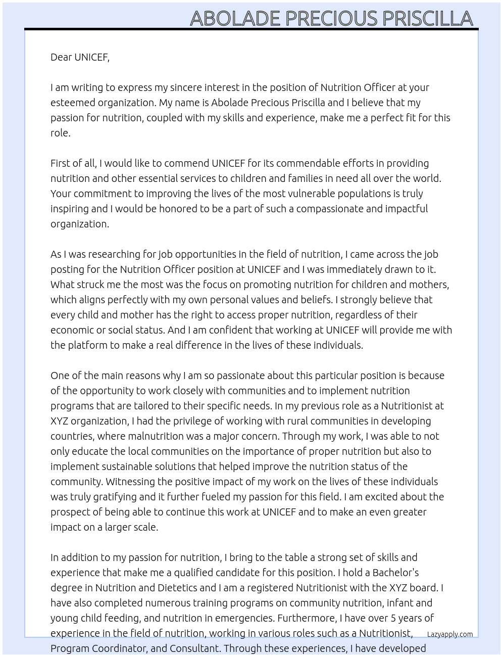 Nutrition officer  At Nutrition officer Cover Letter