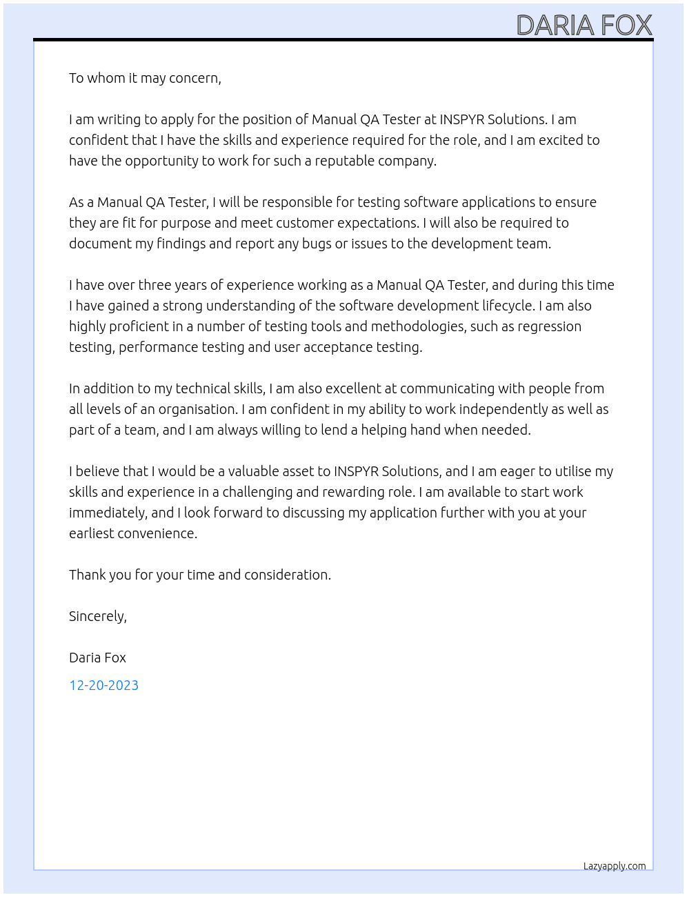 Manual QA Tester At INSPYR Solutions Cover Letter