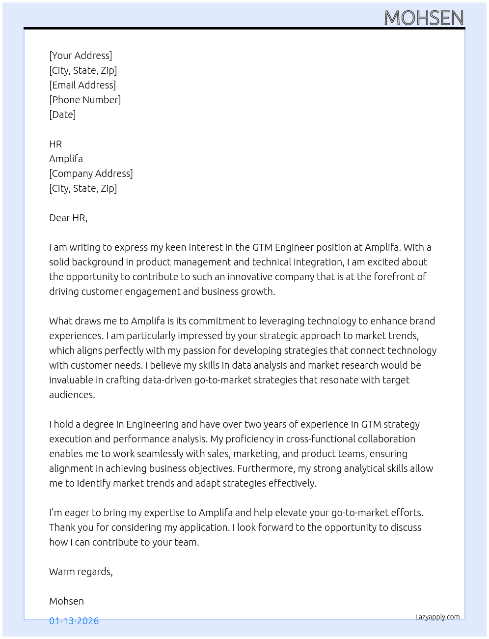 GTM Engineer At Amplifa Cover Letter