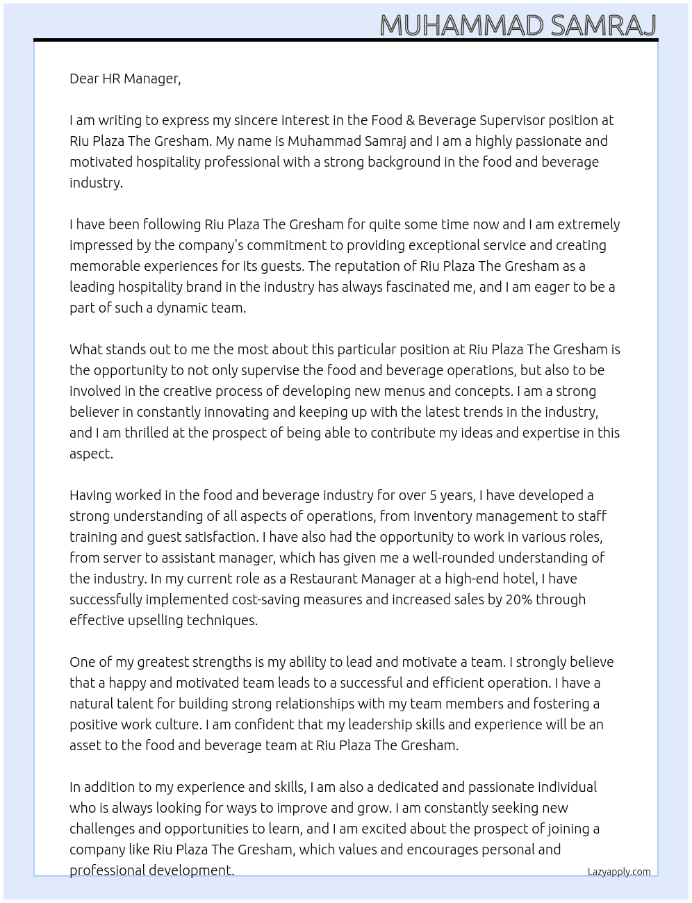 Food & Beverage Supervisor At Riu Plaza The Gresham Cover Letter