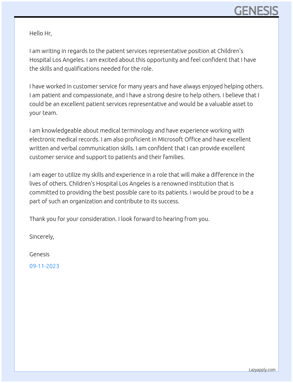 patient services representative At childrens hospital los angeles Cover Letter