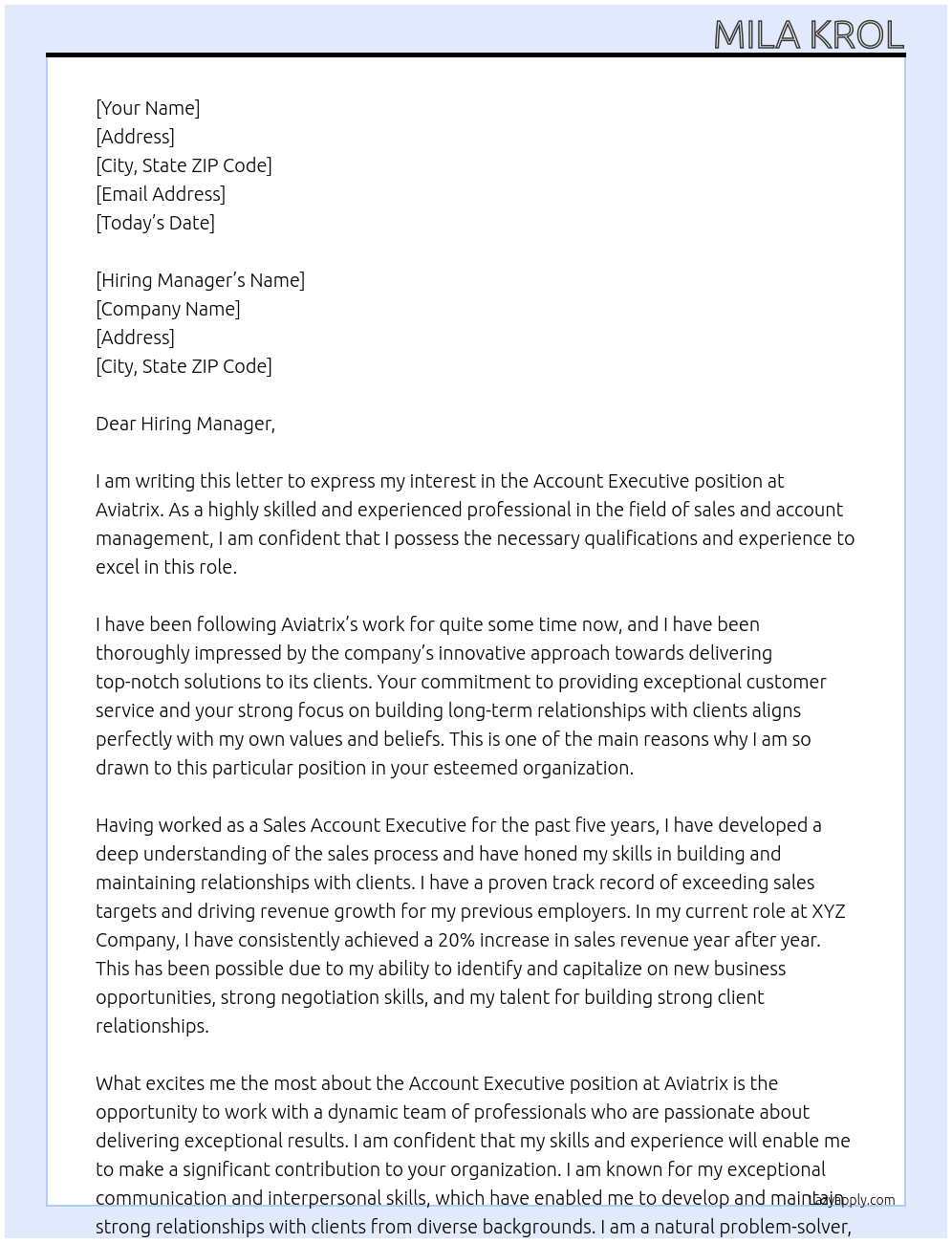 Account Executive At Aviatrix Cover Letter