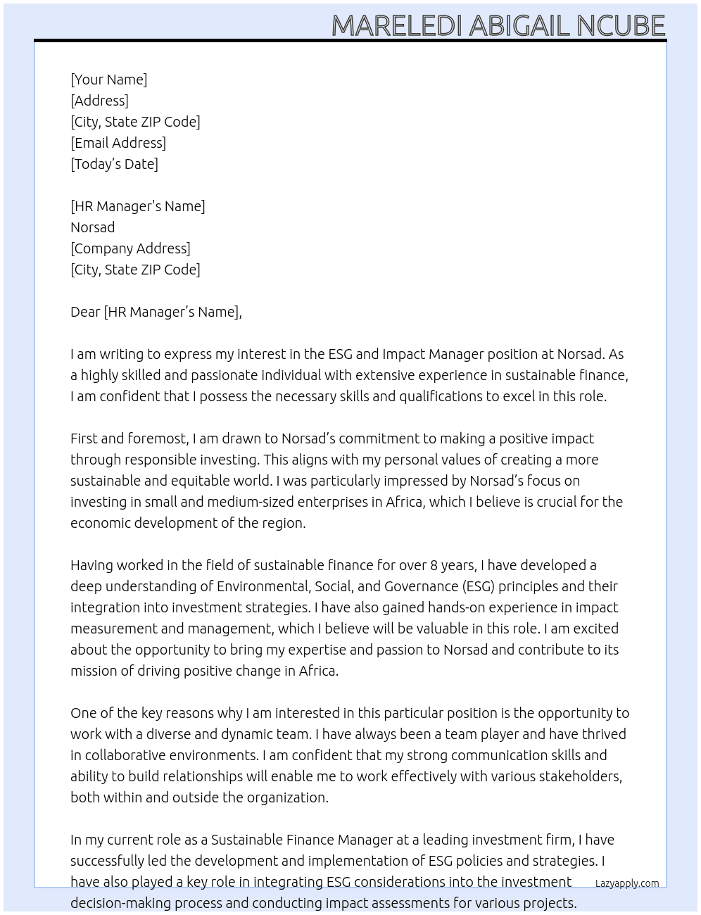 ESG and Impact manager  At Norsad Cover Letter