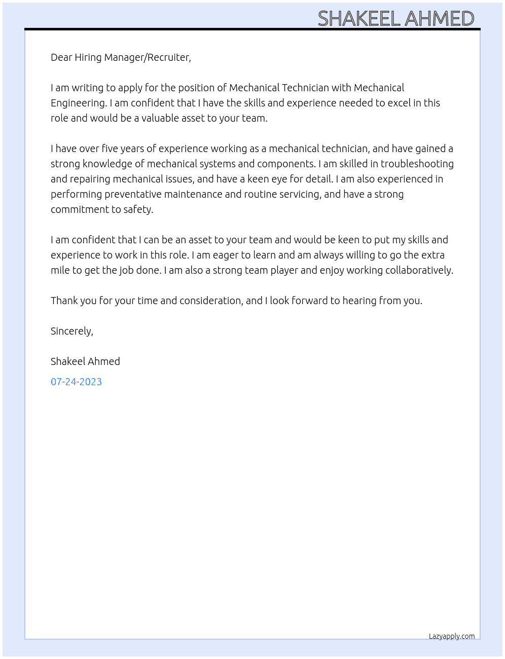 Mechanical Technician  At Mechanical Engineering Cover Letter