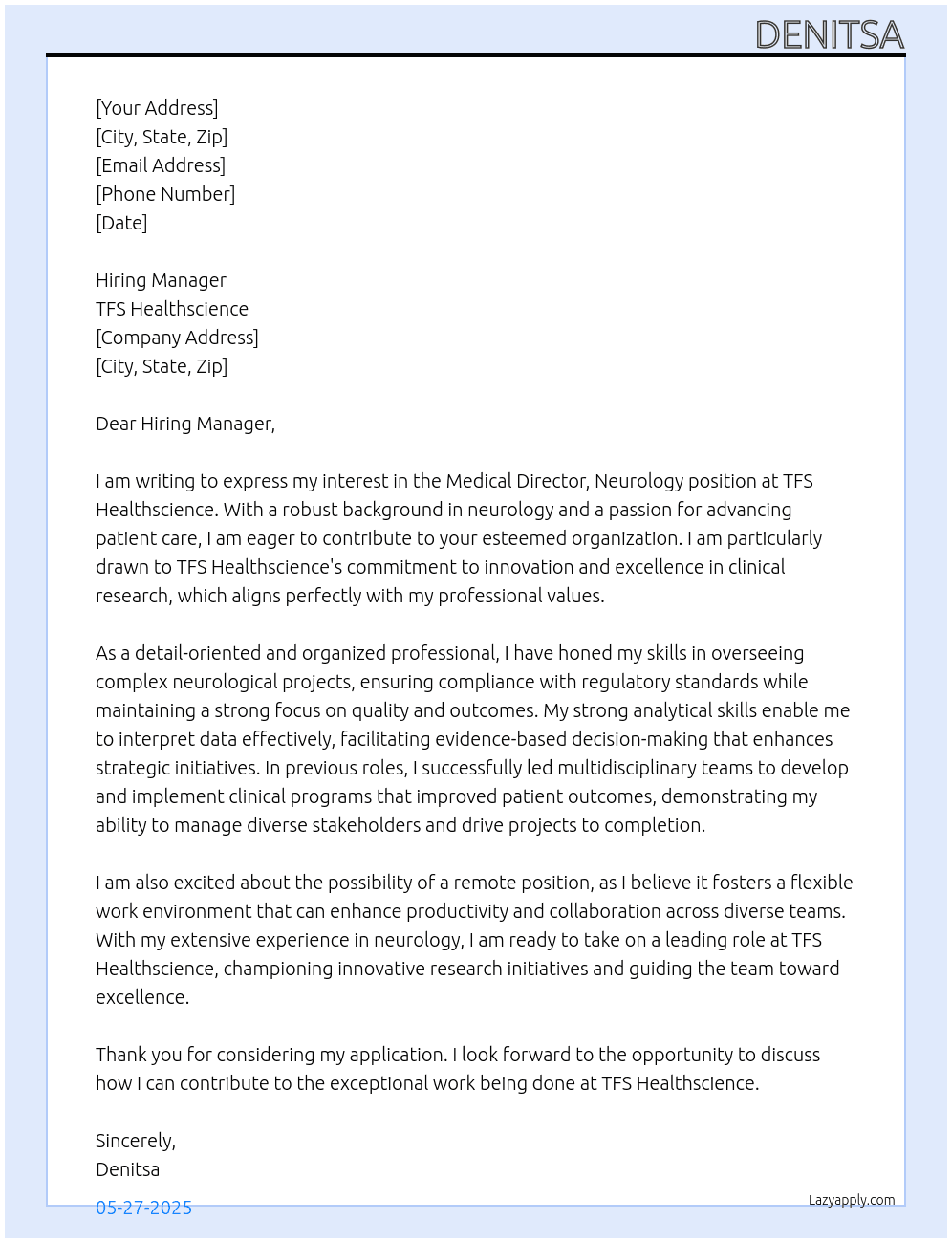 medical Director Neurology At TFS Healthscience Cover Letter