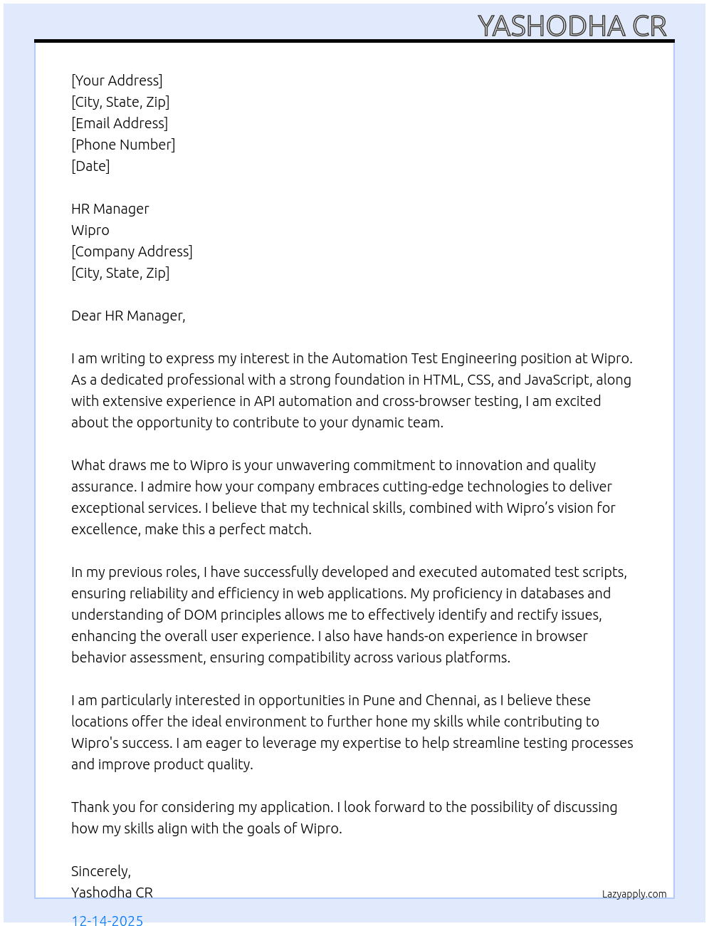Automation test engineering  At Wipro  Cover Letter
