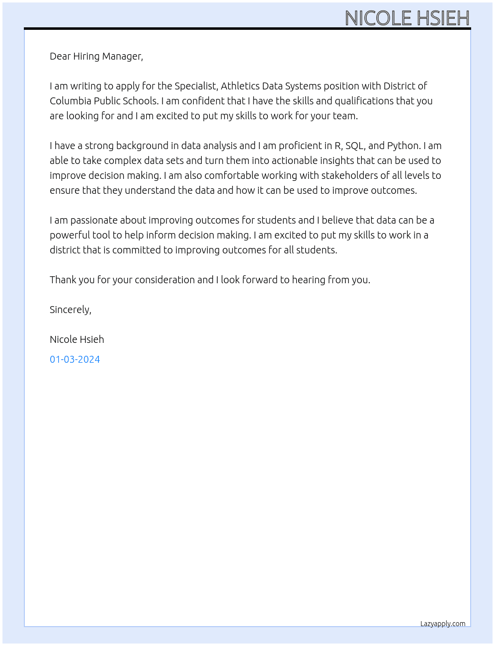 Specialist, Athletics Data Systems At District of Columbia Public Schools Cover Letter