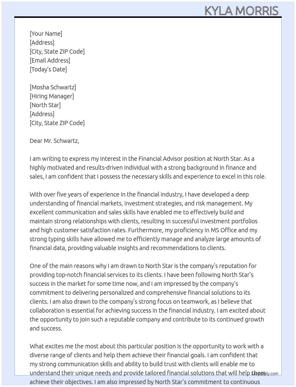 Financial Advisor At North Star  Cover Letter