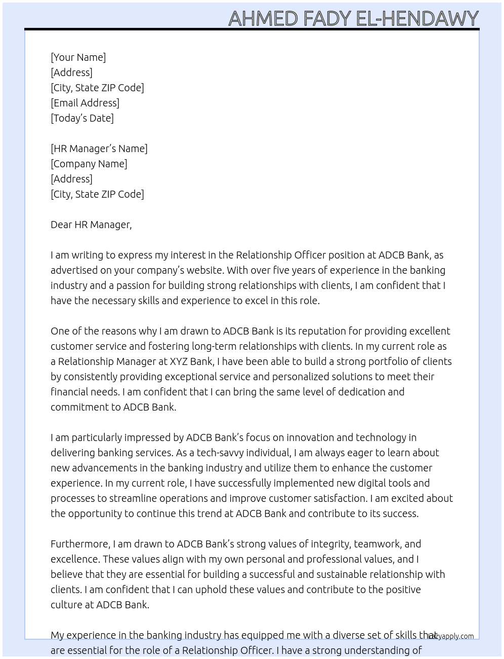 Relationship Officer At ADCB Bank Cover Letter