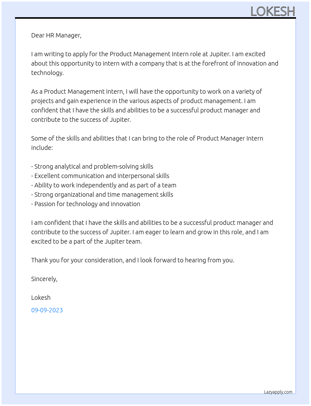 Product management Intern At Jupiter Cover Letter