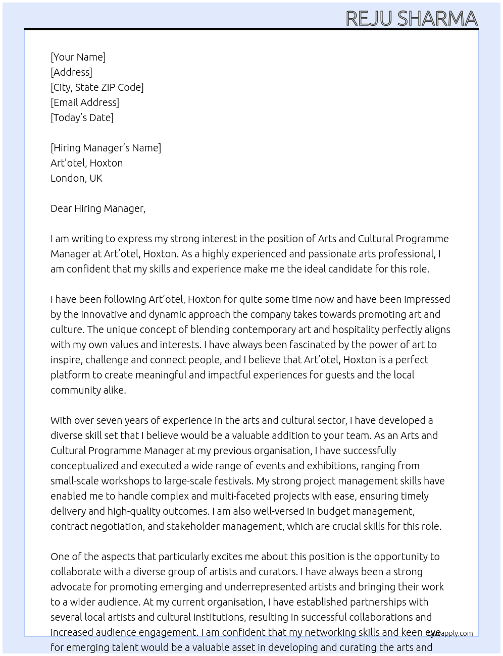 Arts and Cultural Programme Manager, Art'otel, Hoxton At Art'otel, Hoxton Cover Letter