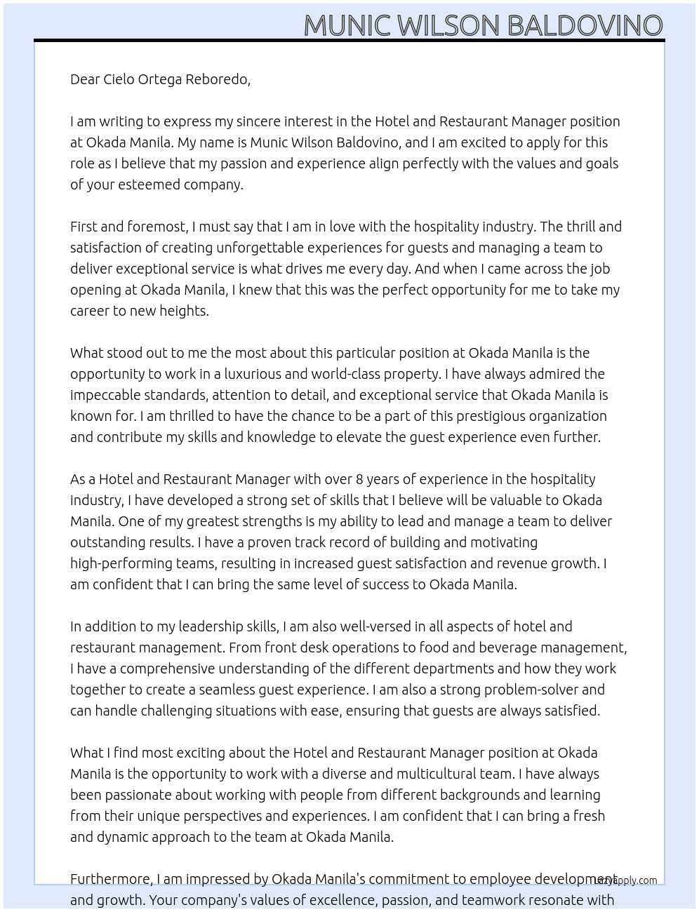 Hotel And Restaurant Manager At Okada Manila Cover Letter