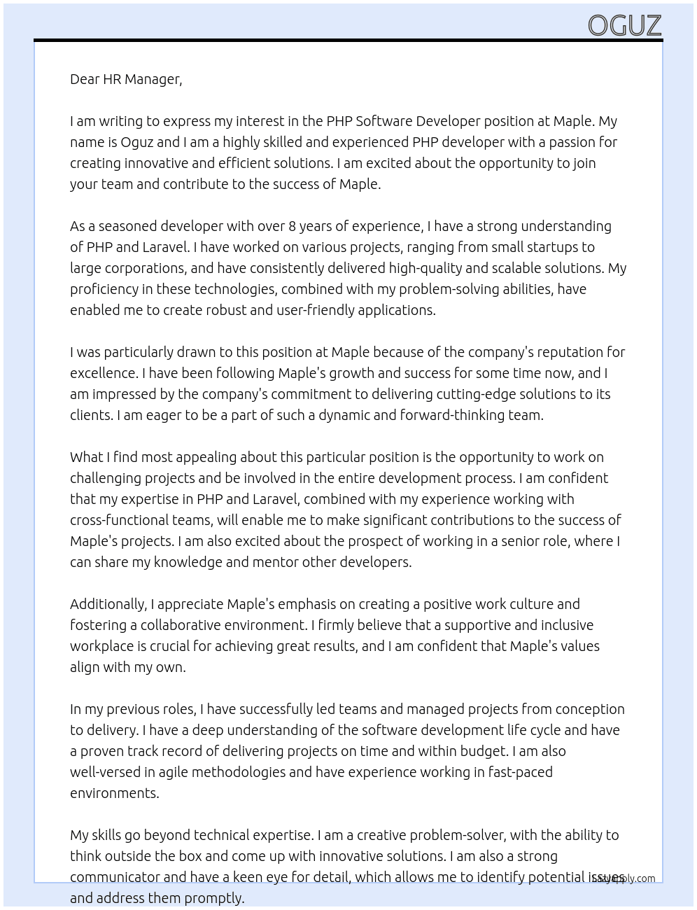 PHP SOFTWARE DEVELOPER At maple Cover Letter
