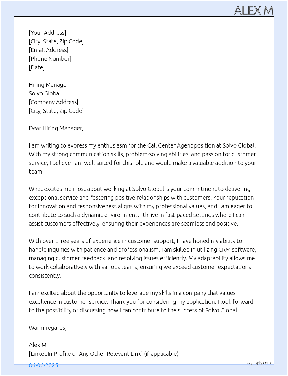 Call Center Agent At Solvo Global Cover Letter