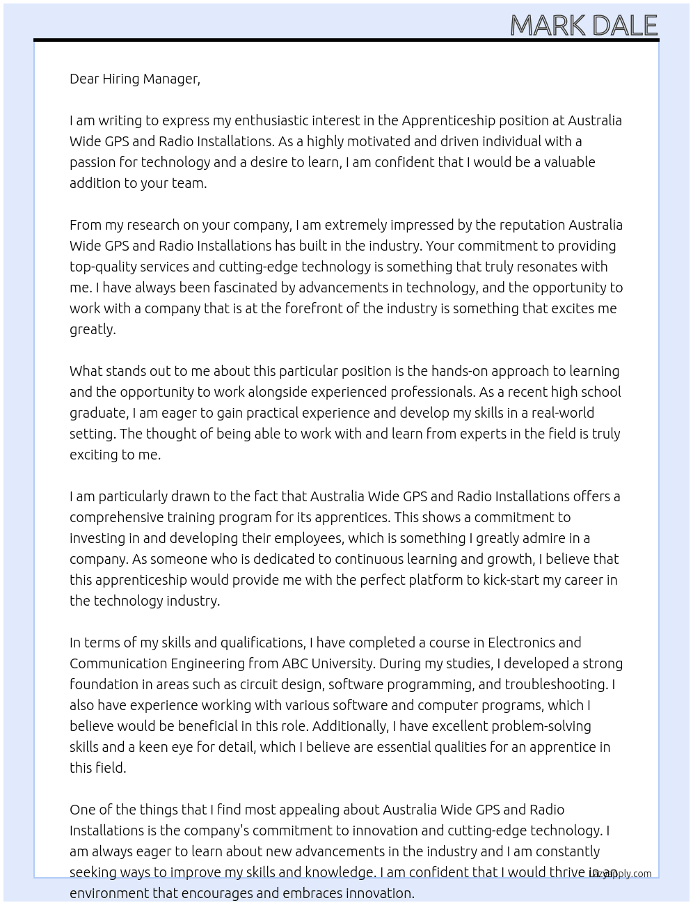 Apprenticeship At Australia Wide GPS and Radio Installations Cover Letter