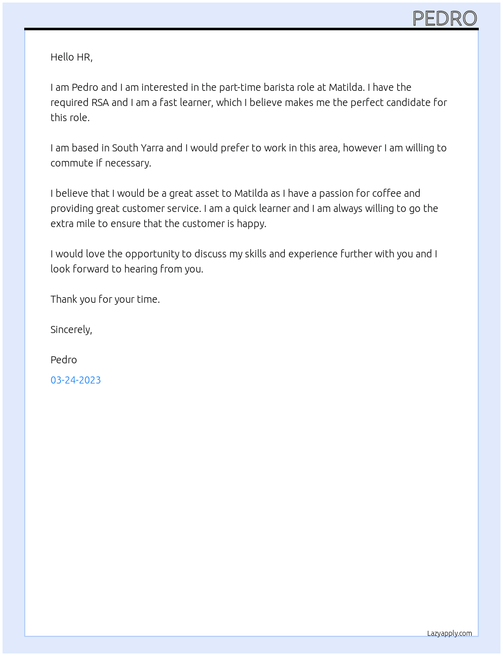 Barista At Matilda Cover Letter