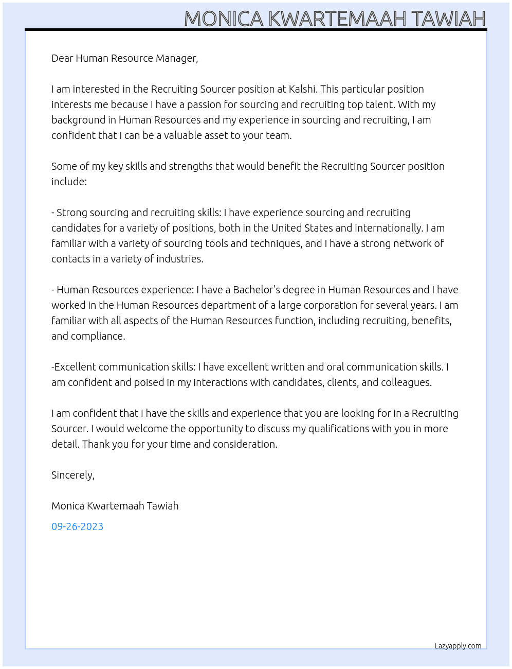 Recruiting Sourcer At  Kalshi  Cover Letter
