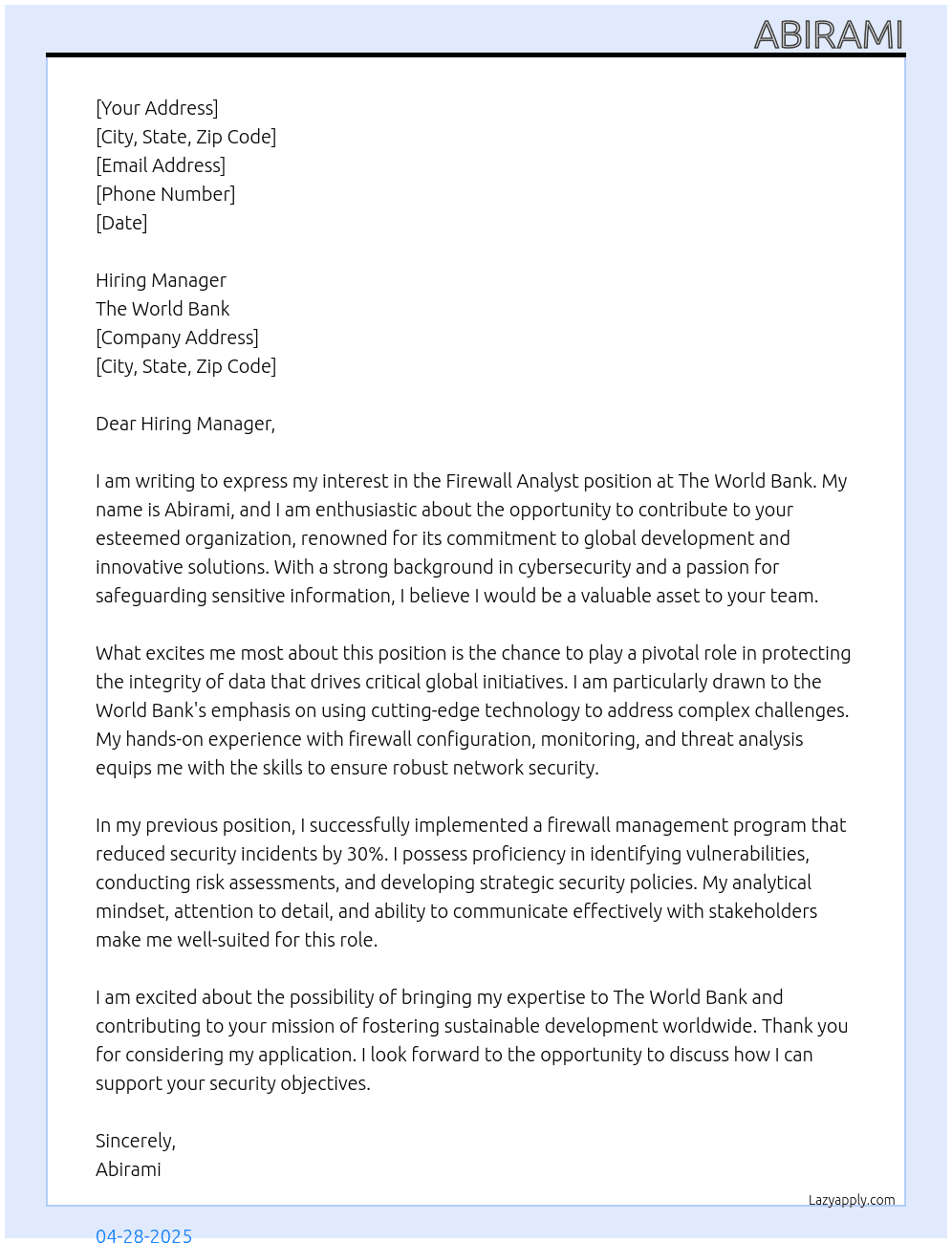 Cover letter for firewall analyst - LazyApply