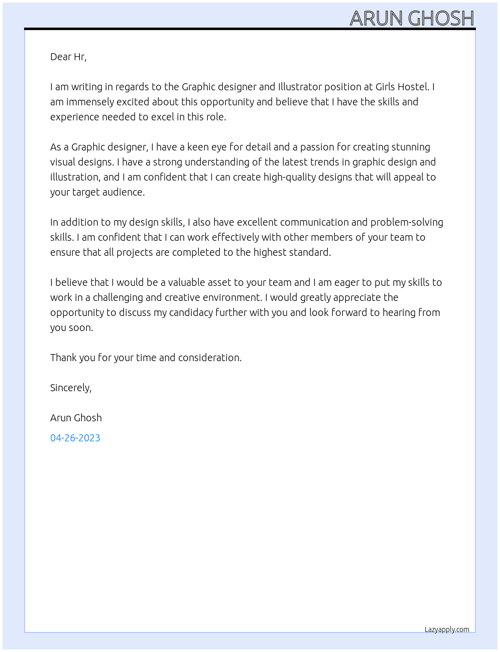 Graphic designer and Illustrator At Girls Hostel Cover Letter