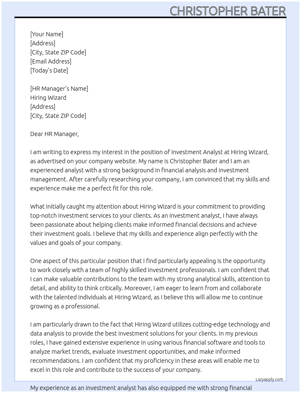 Investment Analyst At Hiring Wizard Cover Letter