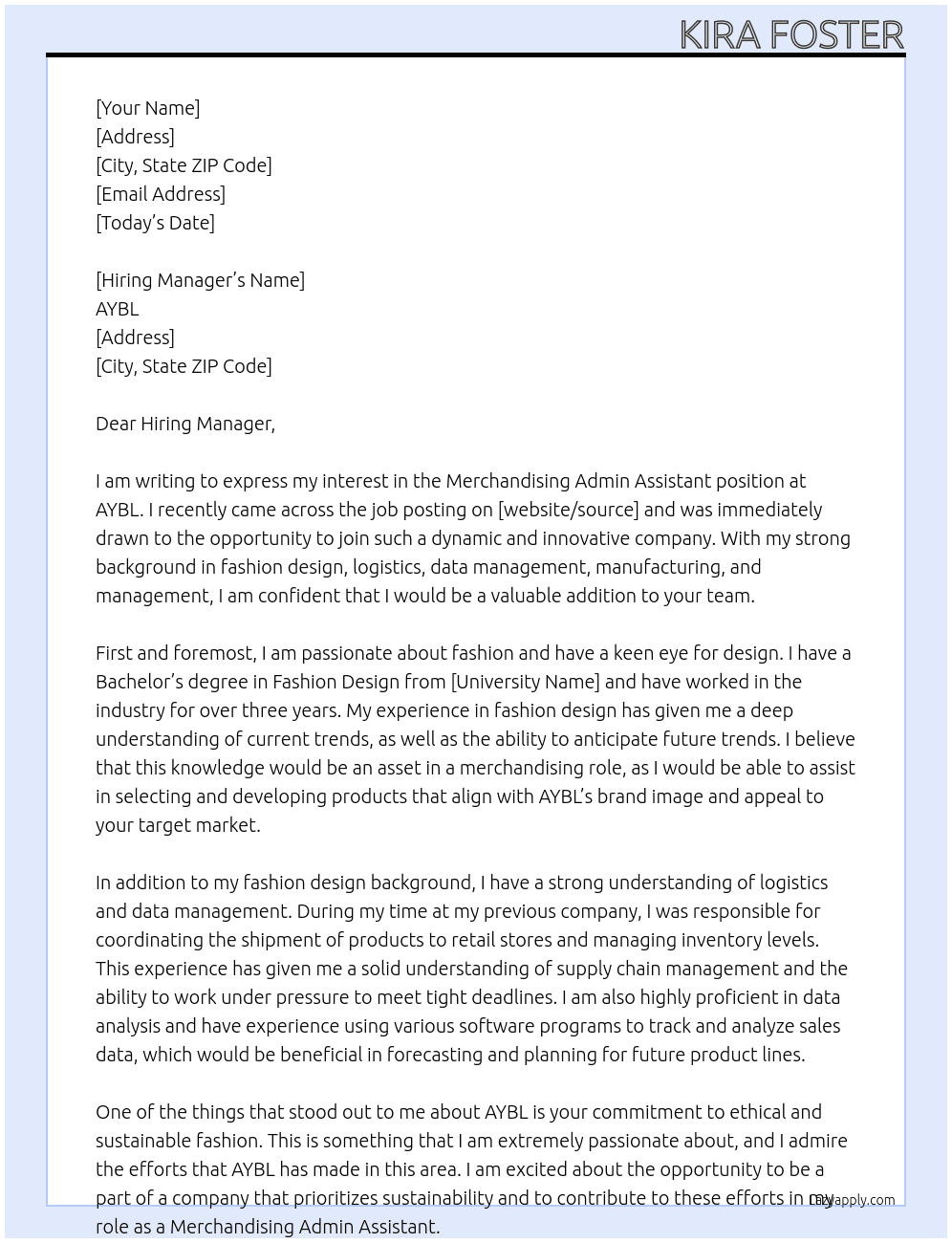 Merchandising Admin Assistant At AYBL Cover Letter