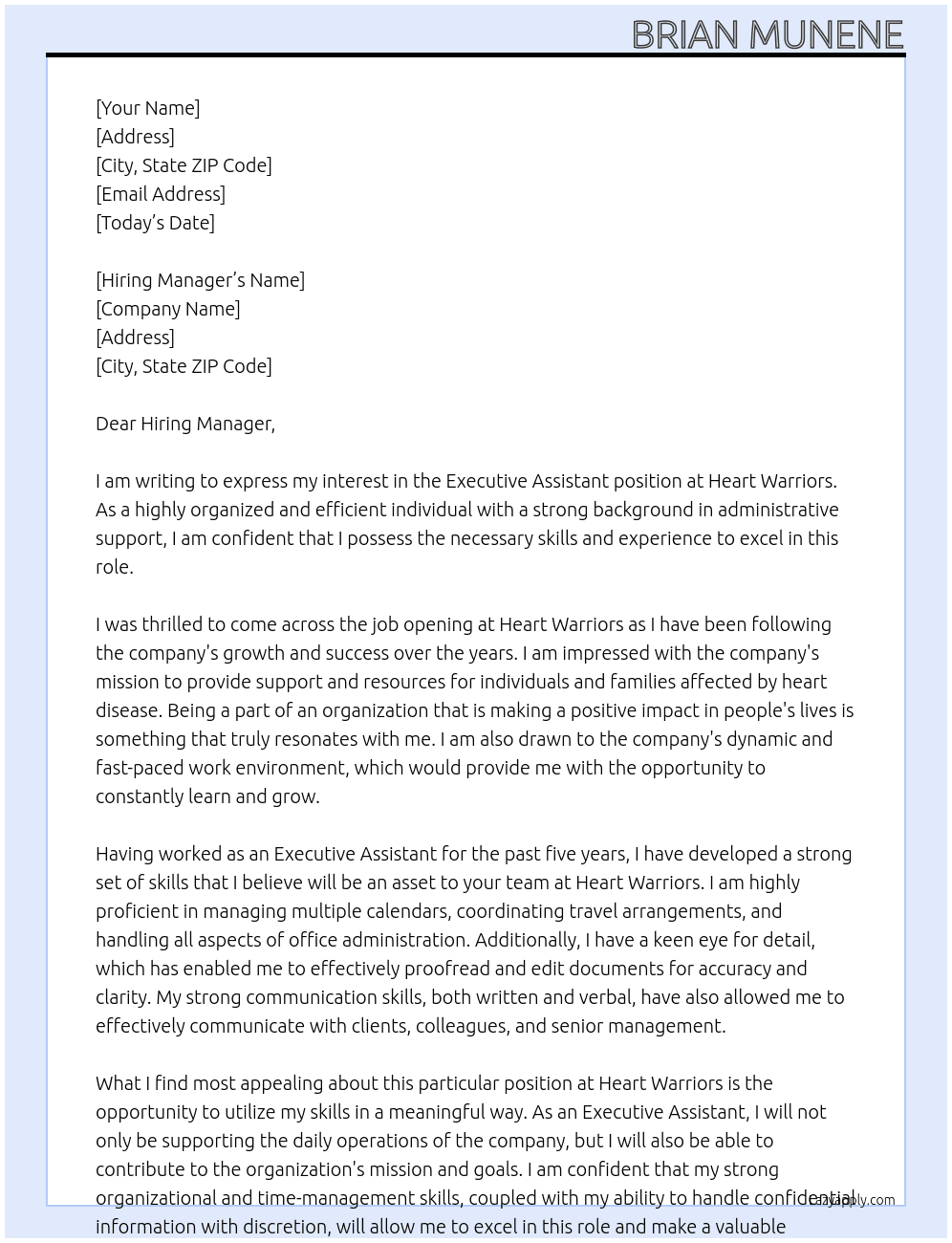 Executive Assistant At Heart Warriors Cover Letter