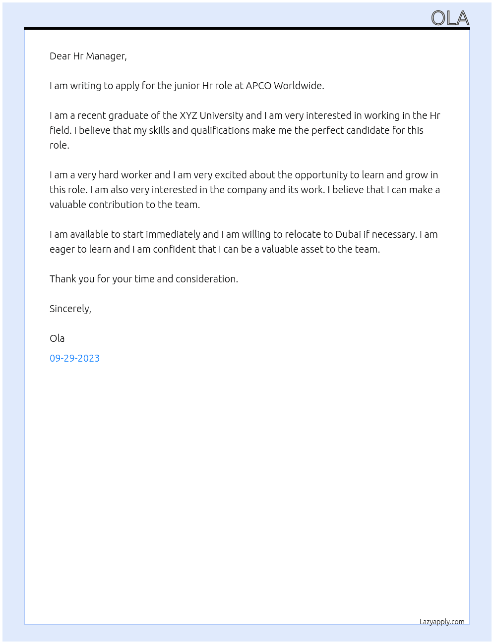 junior Hr At APCO Worldwide Cover Letter