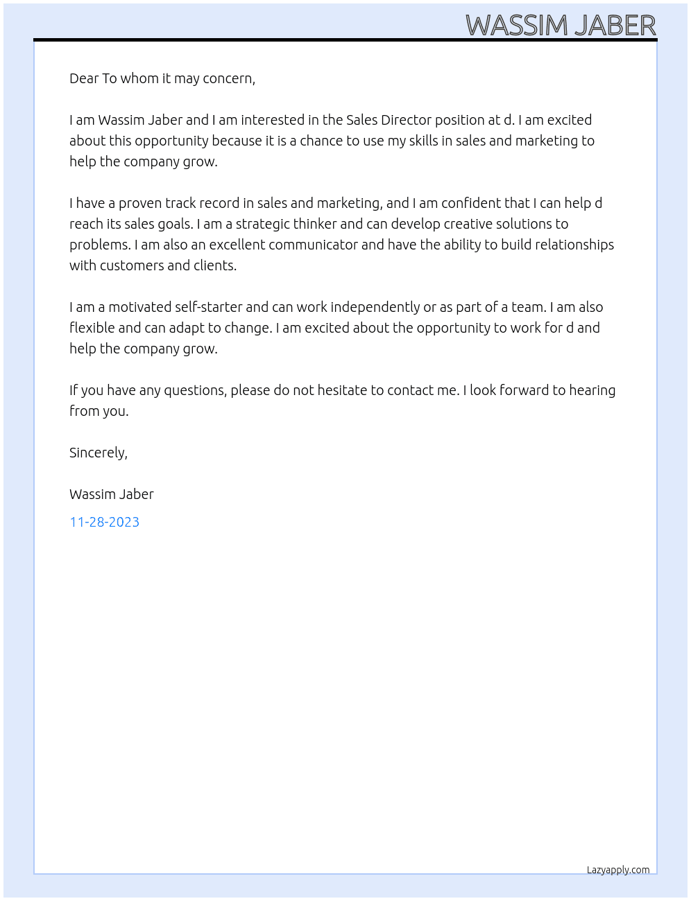 Sales Director At d Cover Letter