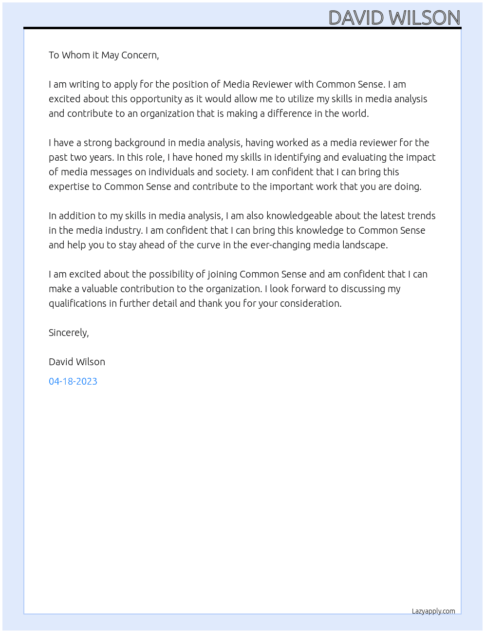 Media reviewer At Common Sense Cover Letter