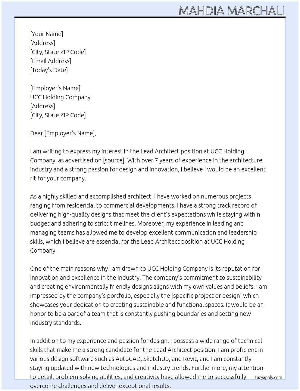 Cover letter for lead architect - LazyApply