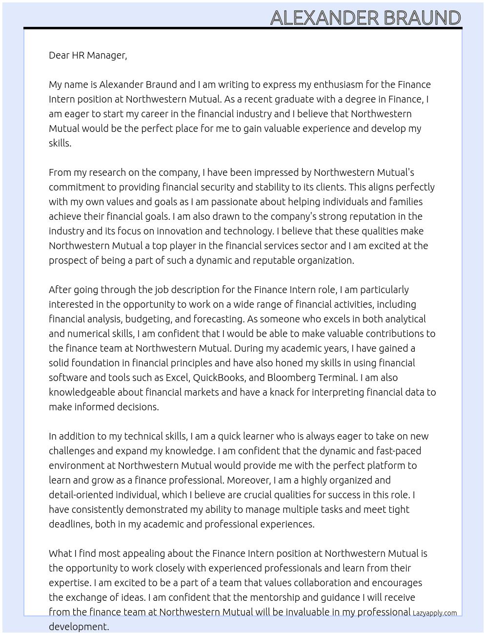 Finance Intern At Northwestern Mutual Cover Letter