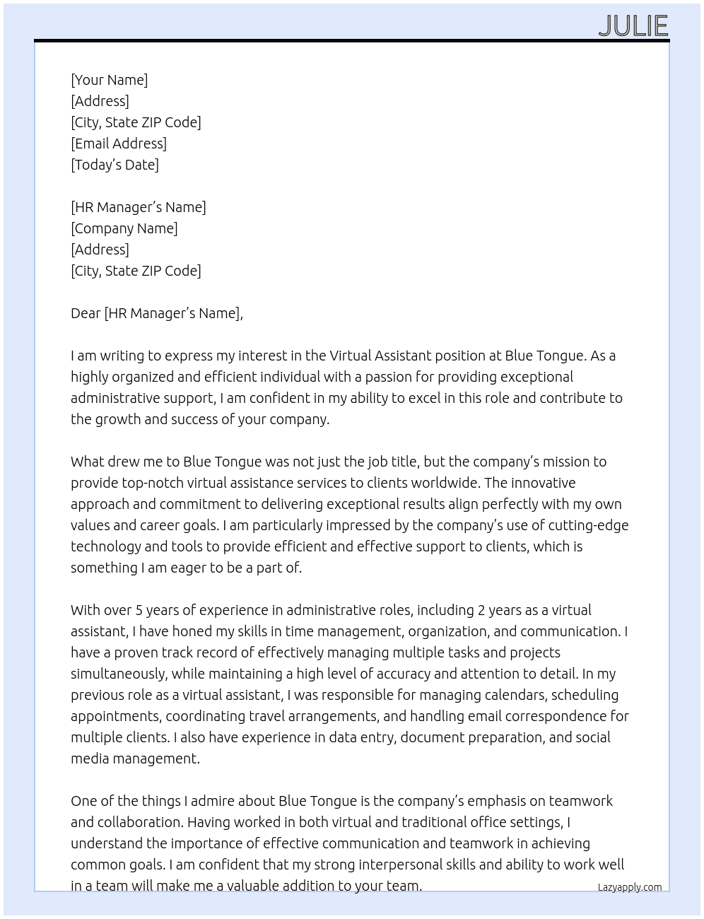 Virtual Assistant At Blue Tongue Cover Letter