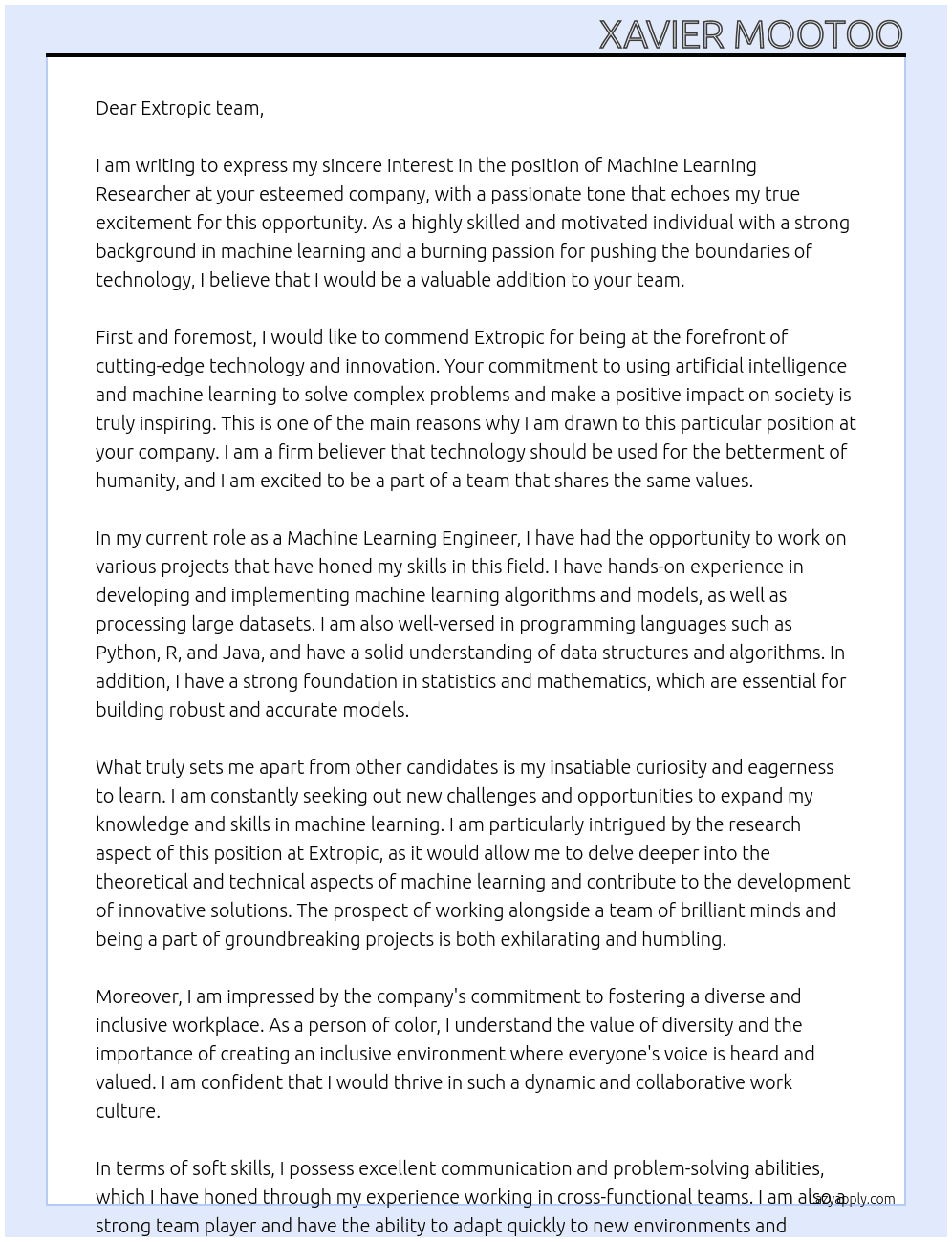 Machine Learning Researcher At Extropic Cover Letter