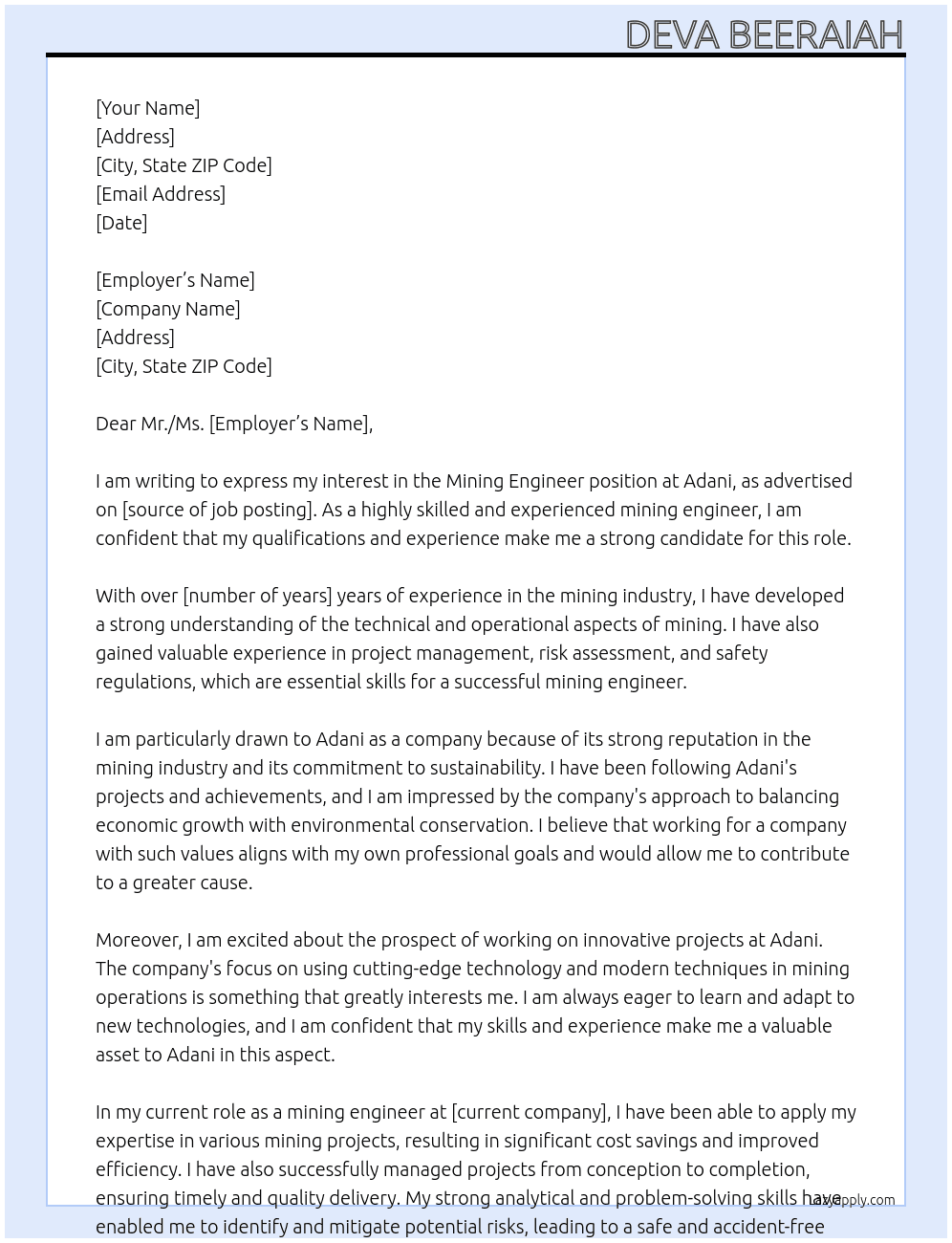 MINING ENGINEER  At Adani Cover Letter