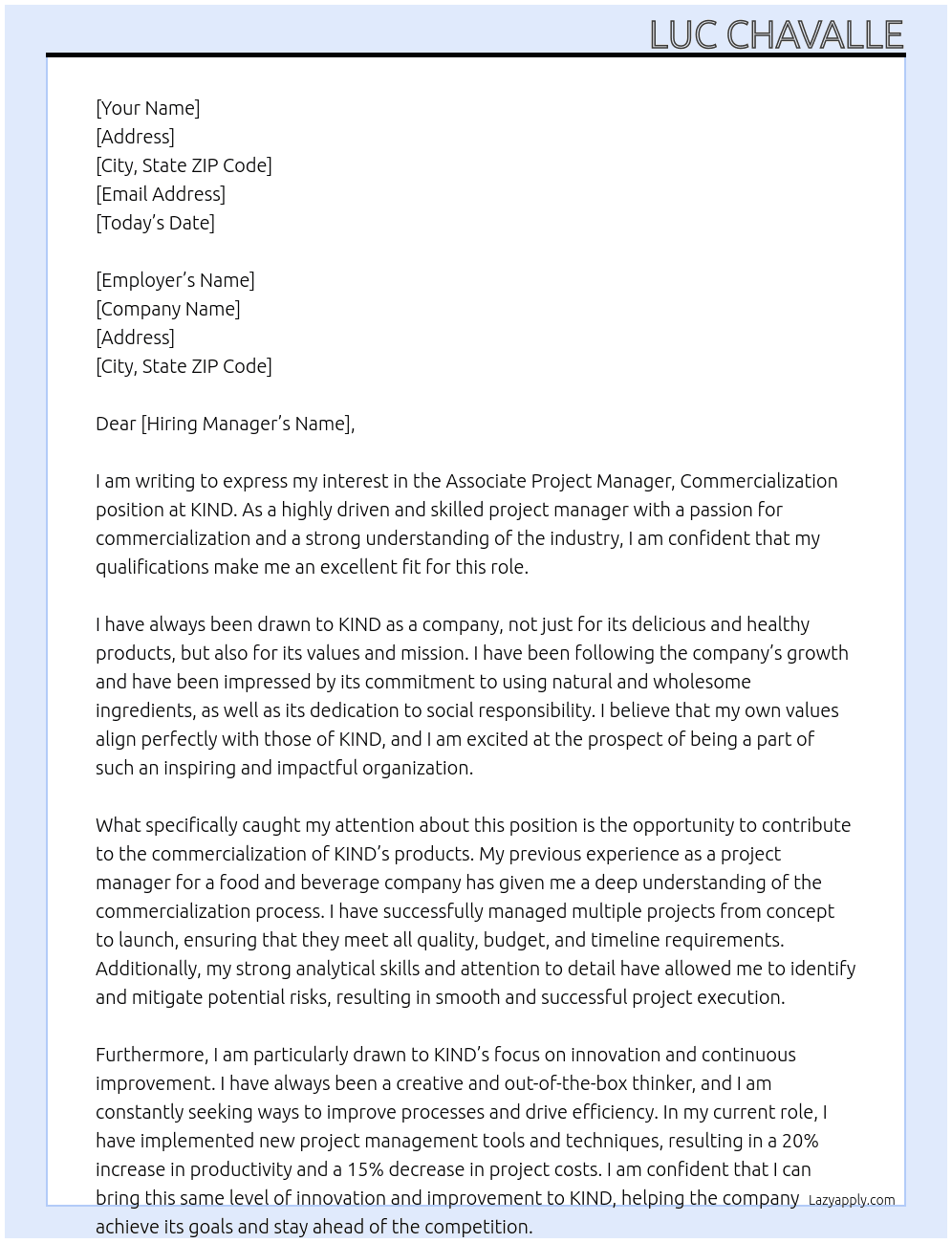 Associate Project Manager, Commercialization At KIND Cover Letter