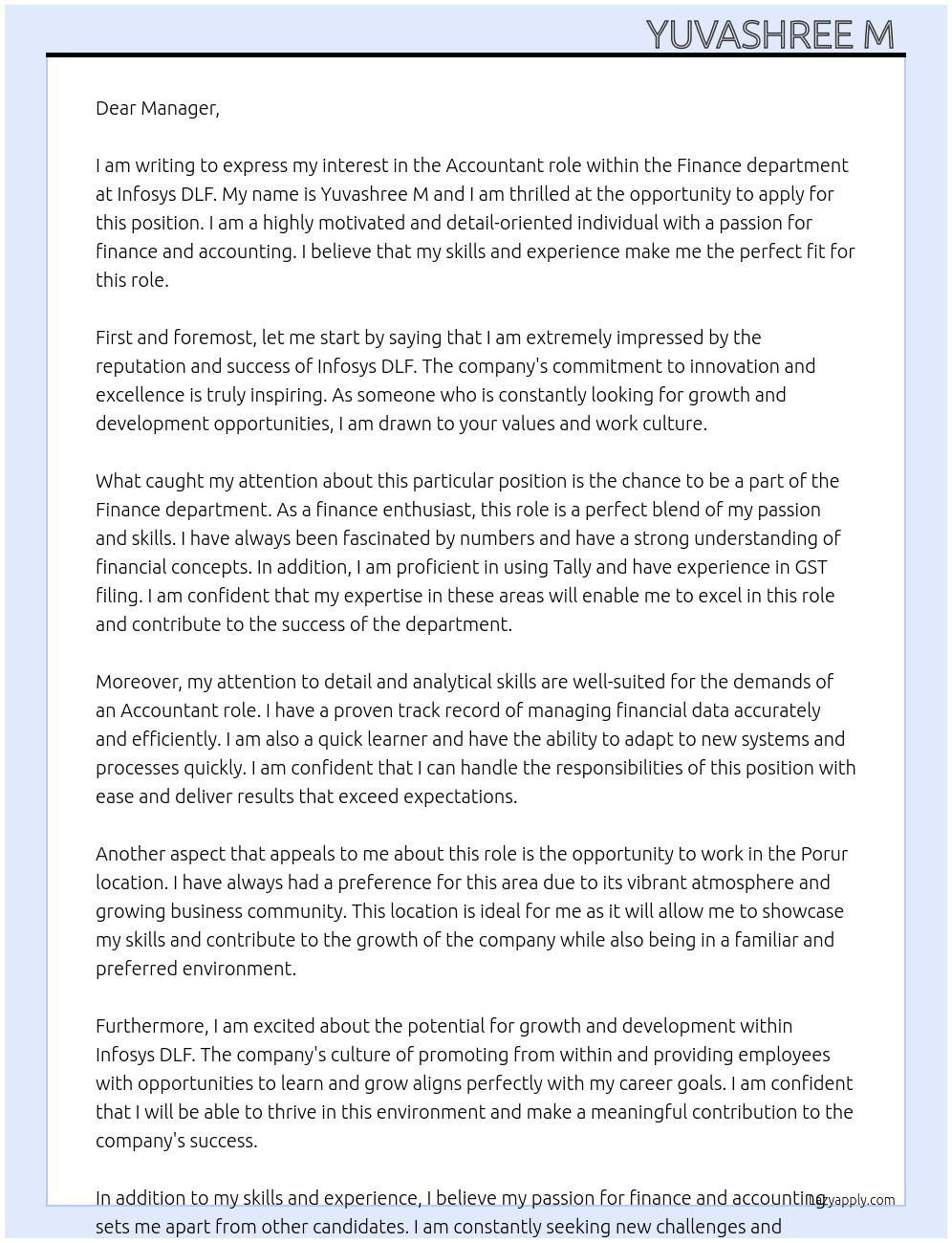 Finance department  At Infosys DLF Cover Letter